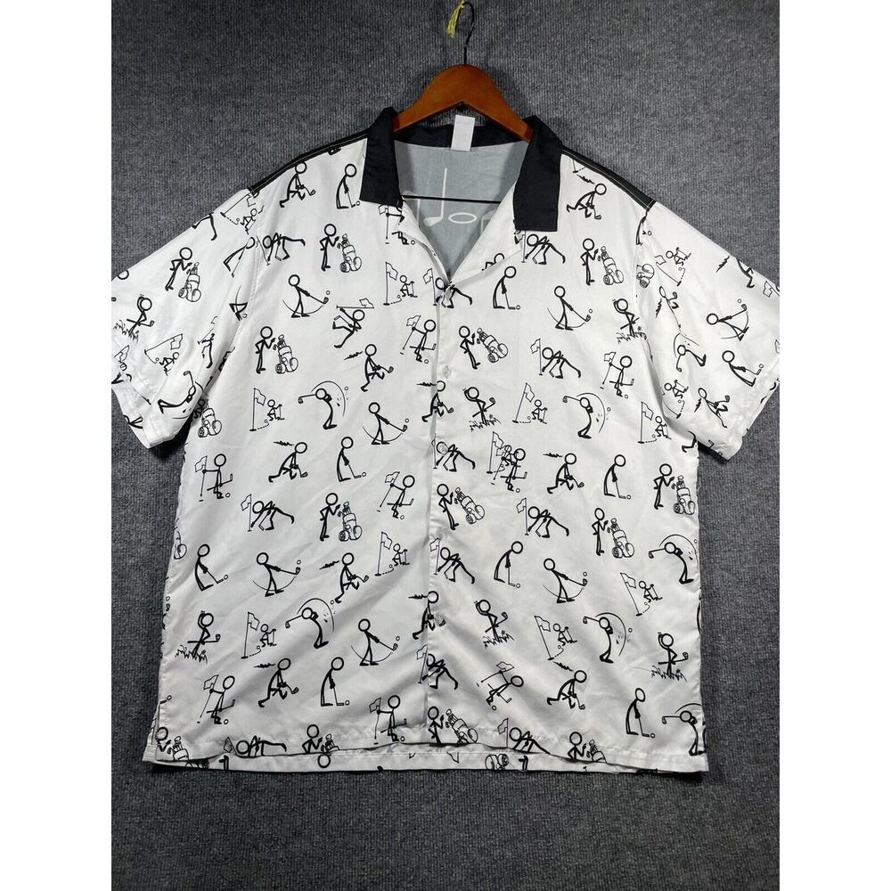 GarmentOne Button Up Golf Shirt Men's XL White Doodle AOP Short Sleeve Rayon